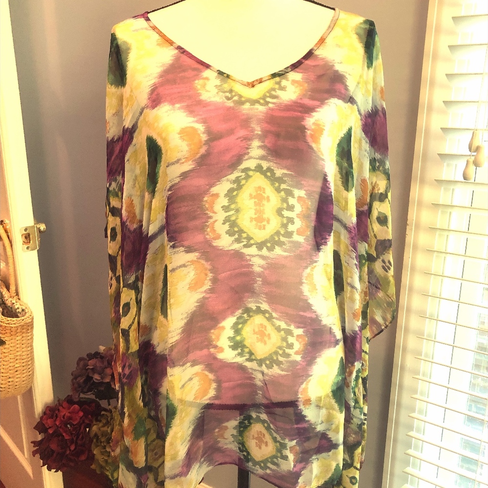 Sheer Multi-Colored V-Neck Swim Coverup